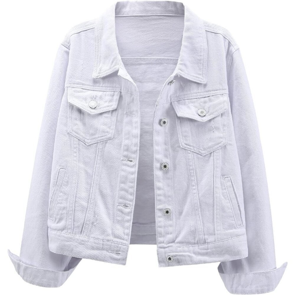 Women's Jean Jacket Distressed Ripped Denim Jacket Coat with Pockets White